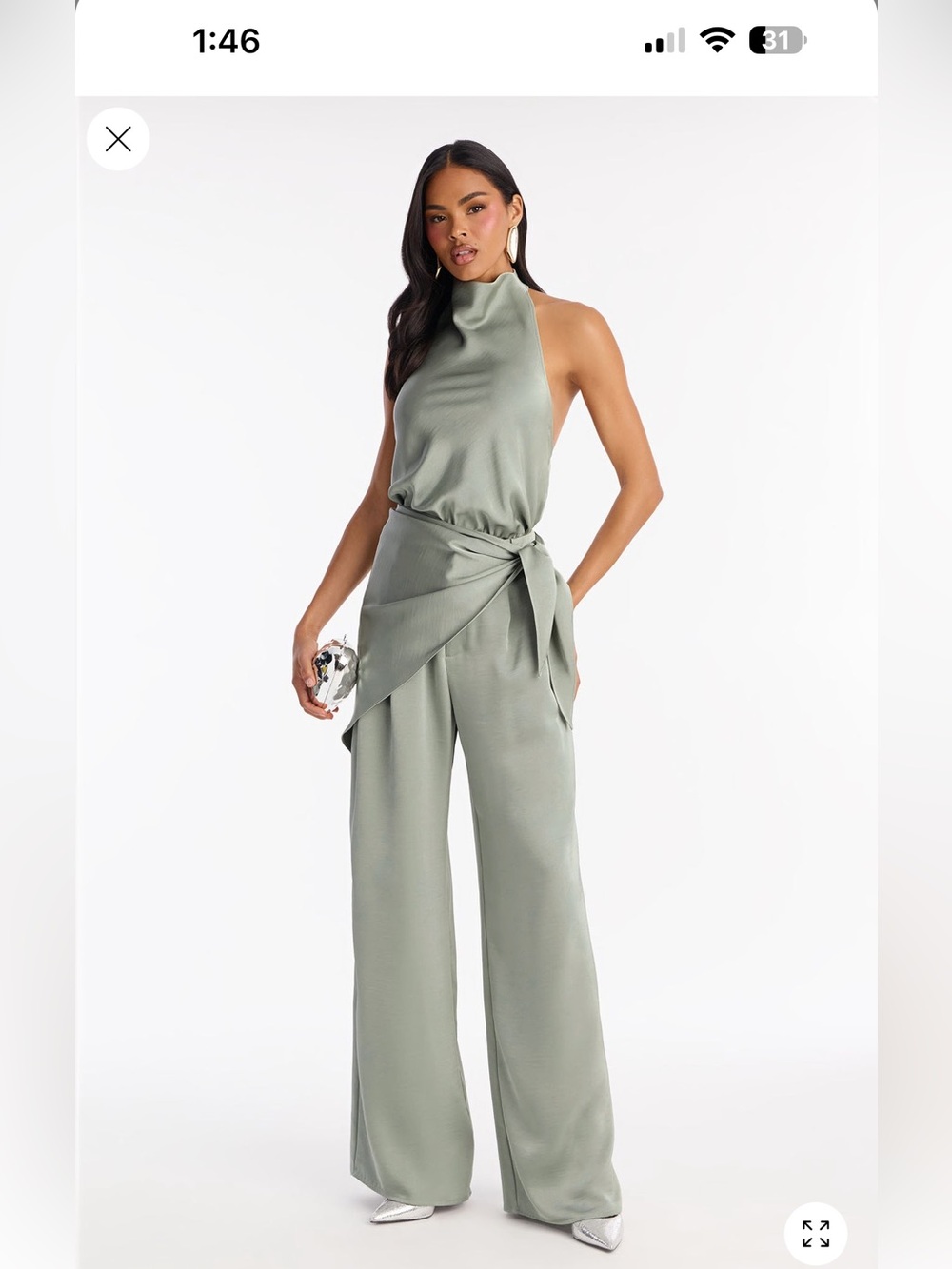 Satin High-Neck Sage Green set with Waist Tie